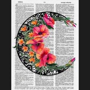 Romantic Moon Poppy Mandala Vintage Dictionary Art Print Wall Decor